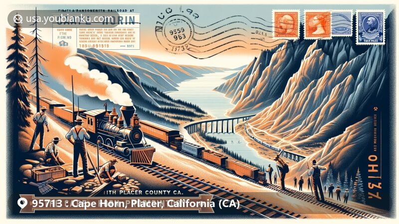 Modern illustration of Cape Horn area, Placer County, California, featuring First Transcontinental Railroad at Cape Horn Promontory and Chinese laborers, set in rugged North Fork American River Canyon landscape.