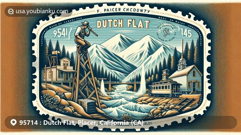 Modern illustration of Dutch Flat, Placer County, California, paying tribute to its Gold Rush history, hydraulic mining development, and transcontinental railroad contribution, featuring a classic mining scene and Theodore Judah surveying, with Sierra Nevada mountains background and postal theme.