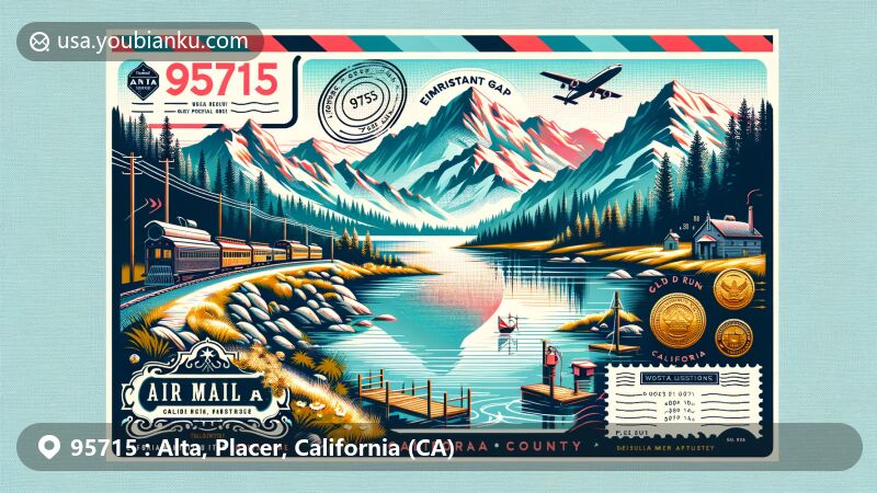 Modern illustration of Alta, Placer County, California, showcasing postal theme with ZIP code 95715, featuring Emigrant Gap scenery and a nod to the Gold Rush era with Gold Run.