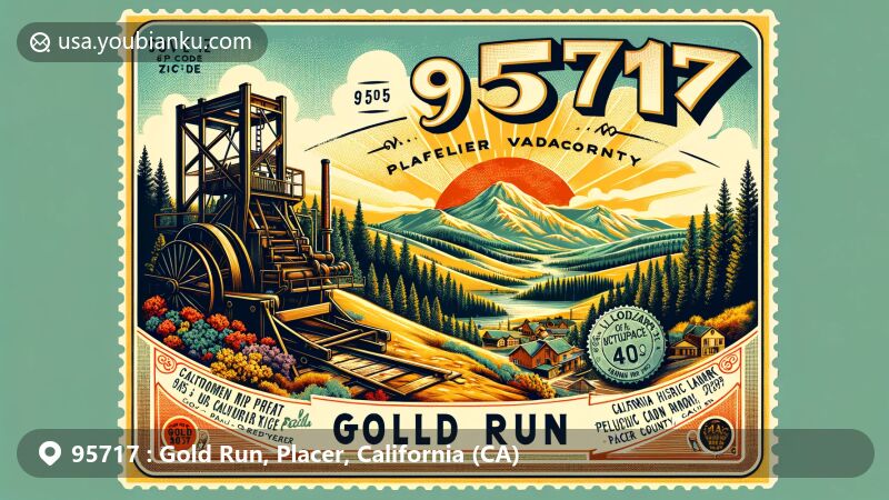 Modern illustration of Gold Run, Placer County, California, featuring a vintage postcard design with ZIP code 95717, showcasing Sierra Nevada foothills, hydraulic mining equipment, and California Historical Landmark designation.