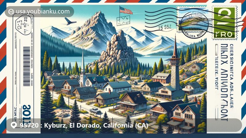 Modern illustration of Kyburz, El Dorado County, California, capturing mountain town charm with Sierra Nevada mountains, cabins, and Sugarloaf granite spire. Includes postal theme with '95720' ZIP code, California state flag, and Pony Express rider.