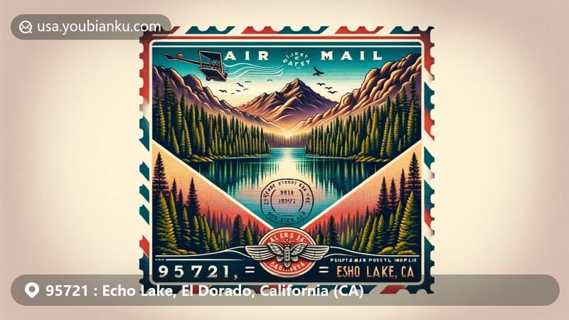Tranquil illustration of Echo Lake, El Dorado, California, set against the Sierra Nevada mountains, featuring airmail envelope frame with vintage postage stamp and cancel mark '95721 Echo Lake, CA'.