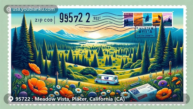 Modern illustration of Meadow Vista, Placer County, California, capturing the scenic beauty and postal significance of ZIP code 95722, highlighting evergreen forests, Sierra Nevada foothills, Winchester Estate, and postal elements.