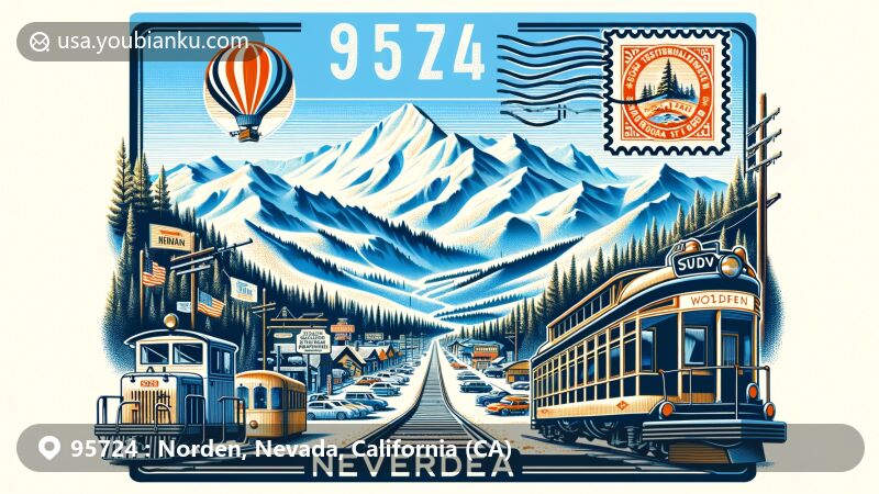 Creative illustration of Norden, Nevada County, California, featuring Sugar Bowl Ski Resort, Donner Ski Ranch, Sierra Nevada mountains, and First Transcontinental Railroad, with a stylized airmail envelope and custom postage stamp.