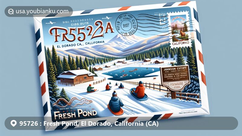 Modern illustration of Fresh Pond, El Dorado County, California, showcasing scenic winter landscape with snow activities, Johnson Cutoff historical marker, and air mail envelope framing featuring California state flag stamp and ZIP code 95726.