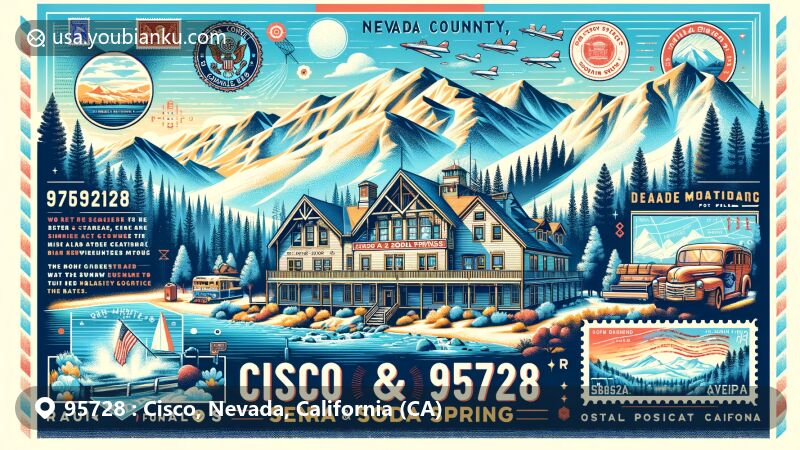 Modern illustration of Cisco and Soda Springs, Nevada County, California, showcasing postal theme with ZIP code 95728, featuring historic Rainbow Lodge against the backdrop of High Sierras and snowy landscape.