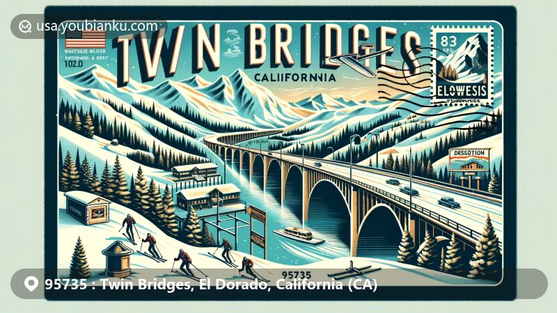 Modern illustration of Twin Bridges, California, showcasing snowy landscape, winter sports, and postal motifs with ZIP code 95735, incorporating vintage postcard elements and California state flag.