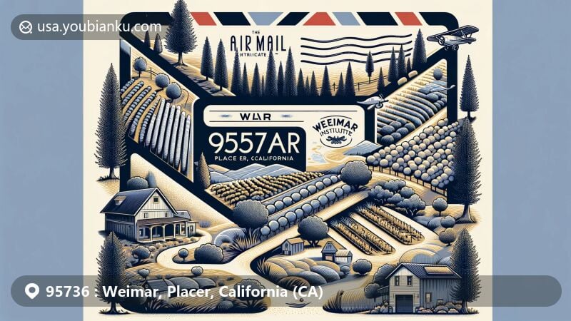 Modern illustration of Weimar, Placer County, California, showcasing postal theme with ZIP code 95736, featuring vineyard scenes, Weimar Institute Trails, and seasonal changes.