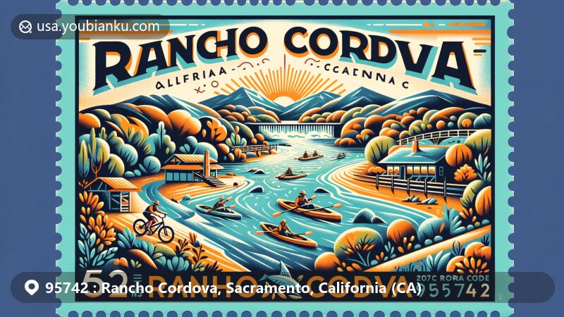 Modern illustration of Rancho Cordova, California, showcasing vibrant history and natural beauty with a nod to Gold Rush era and outdoor activities along the American River and Lake Natoma.