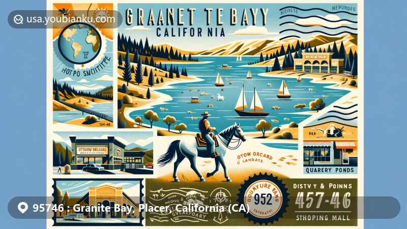 Modern illustration of Granite Bay, California, capturing ZIP code 95746 with scenic Folsom Lake view, showcasing Otow Orchard and Quarry Ponds shopping center, symbolizing horseback riding by the lake.