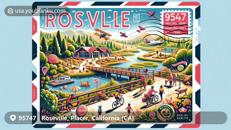 Modern illustration of Roseville, Placer County, California, showcasing community spirit and natural beauty, with landmarks like Dry Creek Community Park, Miners Ravine Trail, and Maidu Regional Park, depicted in a postal-themed frame reminiscent of an air mail envelope adorned with stamps and postmarks.