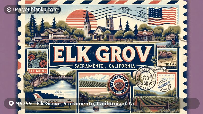 Modern illustration of Elk Grove, Sacramento County, California, featuring lush landscapes and outdoor recreation areas representing over 100 parks and natural preserves like Cosumnes River Preserve and Nature Preserve at District 56.