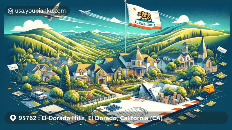 Modern illustration of El Dorado Hills, California, showcasing ZIP code 95762 area with lush green hills, California state flag, El Dorado Hills Town Center, Folsom Lake, and South Fork of the American River.