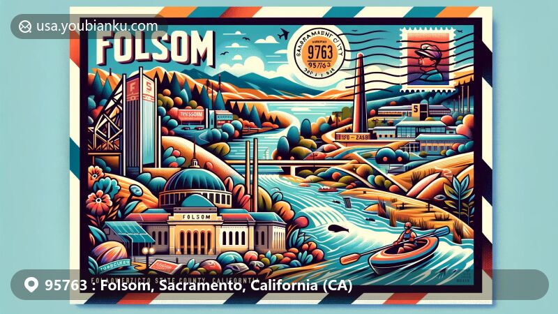 Modern illustration of Folsom, Sacramento County, California, featuring vibrant postcard design with ZIP code 95763, showcasing Folsom State Prison, Folsom Powerhouse State Historic Park, Folsom Lake, and the American River.