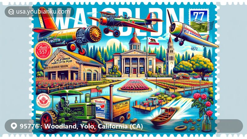 Modern illustration of Woodland, Yolo County, California, highlighting postal theme with ZIP code 95776, featuring California Agriculture Museum, Velocity Island Park, Woodland Public Library, and a vintage air mail envelope and stamps.