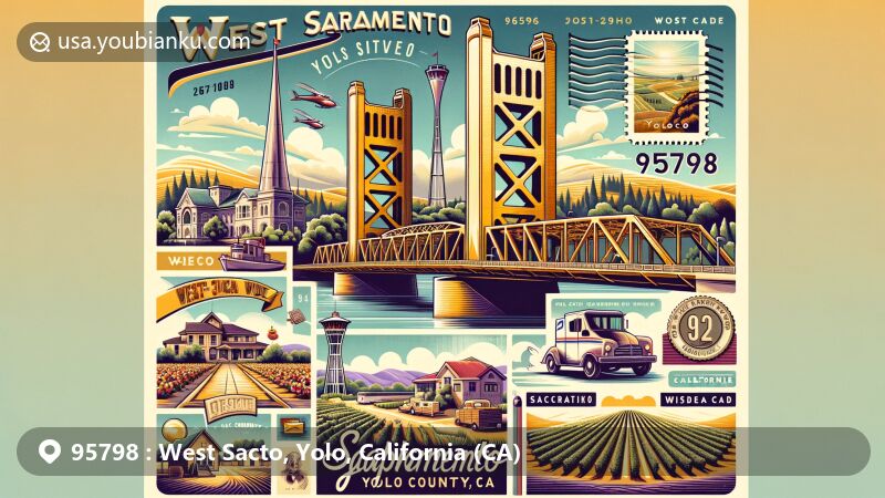 Modern illustration of West Sacramento area in Yolo County, California, showcasing vintage postcard layout with key landmarks like the iconic golden Tower Bridge reflecting community's chosen colors for restoration. Rural elements of Yolo County like vineyards and farms hint at rich agricultural heritage and serene landscapes. Postal elements such as prominent ZIP code 95798 on a stamp, a vintage postmark, and depictions of classic mail trucks or mailboxes are cleverly integrated into the design. Additionally, the artwork emphasizes the Sacramento River, a natural boundary between Sacramento and West Sacramento, holding significant importance for the region's development and economy. The overall background design is creative and eye-catching, ideal for showcasing the area with ZIP code 95798.