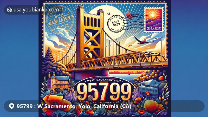 Modern illustration of West Sacramento, California, emphasizing Tower Bridge and postal theme with ZIP code 95799, featuring Yolo County's natural beauty.