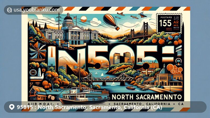 Contemporary illustration of North Sacramento, Sacramento, California, celebrating historic landmarks like the American River, Discovery Park, and the community spirit of 'North Sac is Back', featuring U.S. Postal Service facility, orange trees, and Tower Bridge.