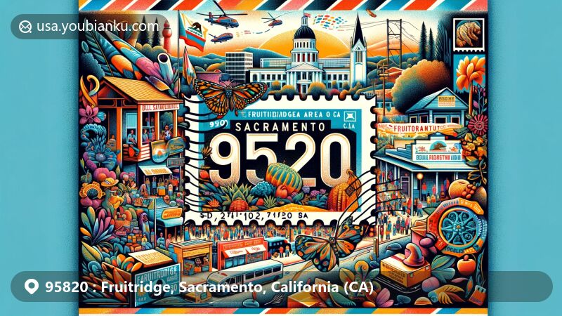 Modern illustration of Fruitridge, Sacramento, California, capturing the vibrant community atmosphere of ZIP Code 95820, reflecting diverse demographics and Hispanic population in public schools, with iconic Californian imagery and creatively designed postal elements.