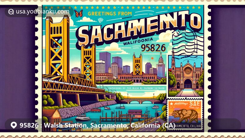 Modern illustration of Walsh Station, Sacramento, California, featuring landmarks like the Tower Bridge, Old Sacramento Waterfront, Cathedral of the Blessed Sacrament, and the Golden 1 Center, with a vibrant color palette and California state symbols.