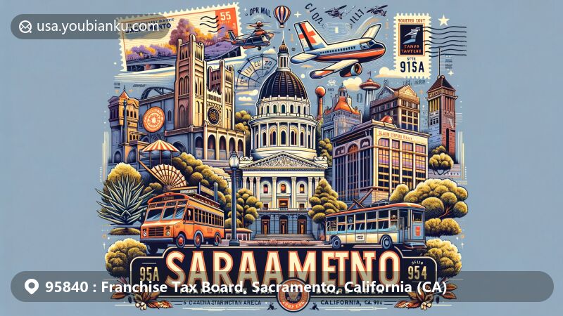 Modern illustration of Sacramento, California, highlighting postal theme with ZIP code 95840, featuring iconic landmarks like the Cathedral of The Blessed Sacrament, Old Sacramento Waterfront, and California State Capitol.