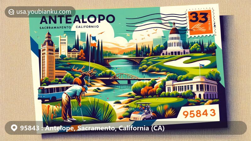 Modern illustration of Antelope, Sacramento, California, showcasing 95843 ZIP code area with golf course, Old Sacramento Waterfront, Eagle Theatre, and State Capitol, integrating historical and cultural landmarks in a postcard design.