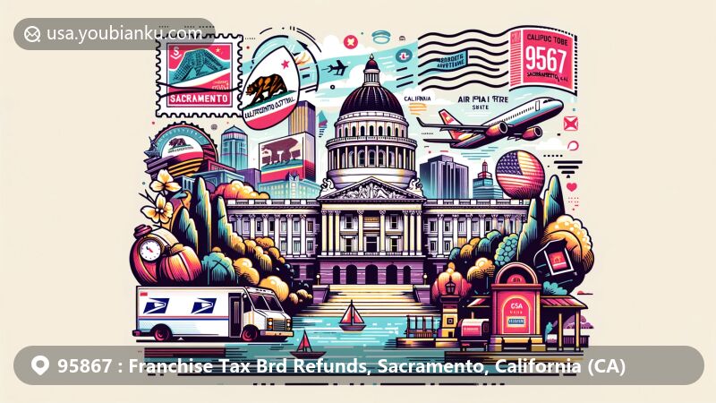 Modern illustration of Sacramento, California, representing ZIP code 95867 with iconic California State Capitol building, Sacramento River, state flag, and postal elements like air mail envelope and postal icons.