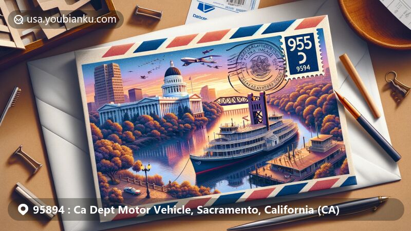 Illustration of Sacramento, California depicting postal theme with ZIP code 95894, showcasing landmarks like the Capitol building, the Delta King steamboat, and the Ziggurat building, surrounded by lush parks and historical sites. Vintage postal elements such as a customized stamp with Pony Express monument, feather pen, ink bottle, and scattered stamps represent the city's diverse culture and history.