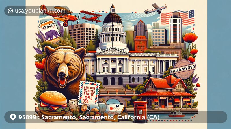 Modern illustration of Sacramento, California, featuring iconic landmarks like the California State Capitol, Leland Stanford Mansion, and Ziggurat Building, with postal elements including vintage air mail envelope, California grizzly bear stamps, and 'Sacramento 95899' postmark.