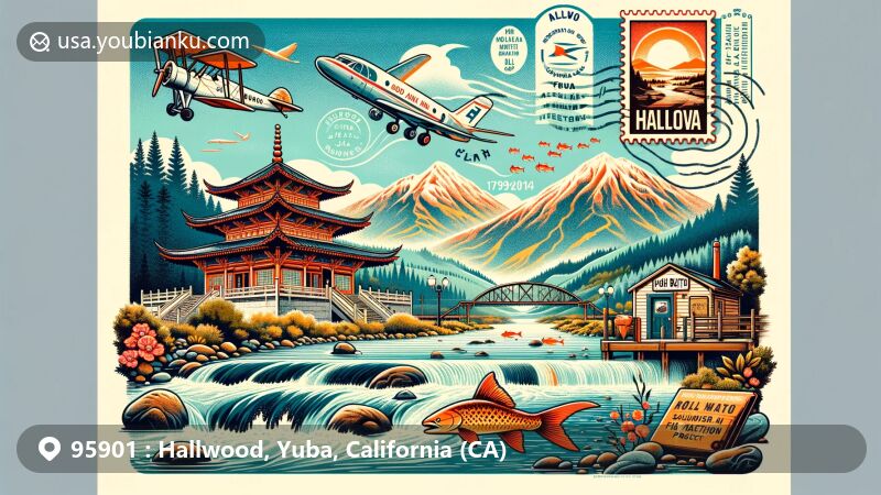 Modern illustration of Hallwood, Yuba, California showcasing Bok Kai Temple, Sutter Buttes, and postal history with ZIP code 95901. Includes fish habitat project and vintage postal elements.