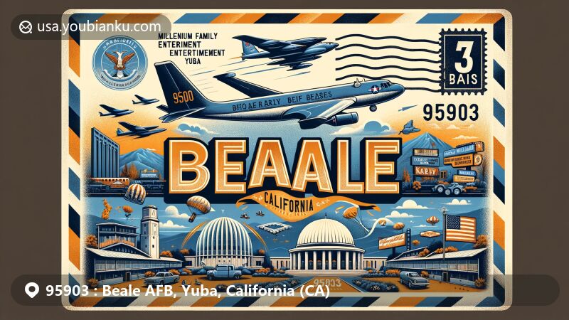Modern illustration of Beale AFB, Yuba, California, inspired by vintage air mail envelope, featuring ZIP code 95903 and text 'Beale AFB, Yuba, California'. Includes Lockheed U-2 'Dragon Lady', Northrop Grumman RQ-4 Global Hawk, Boeing KC-135 Stratotanker, Millennium Family Entertainment Center, and Bok Kai Temple, blending military base and local culture.