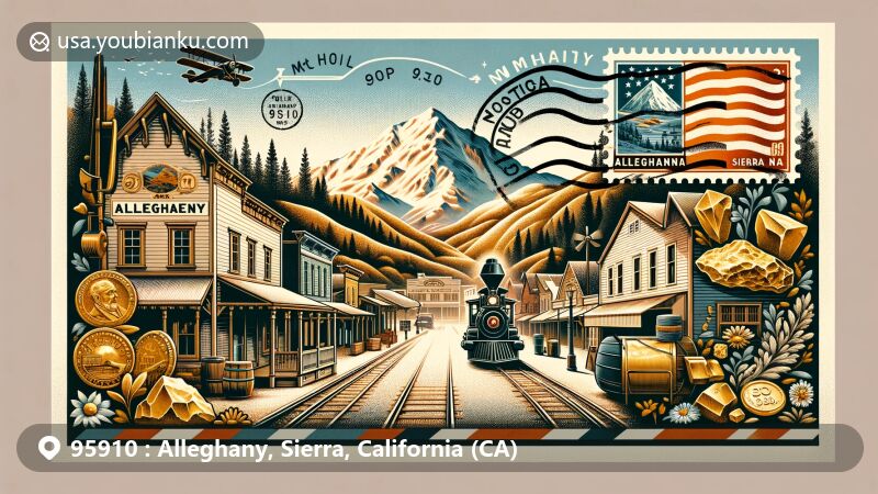 Modern illustration of Alleghany, Sierra County, California, representing ZIP code 95910, showcasing Main Street and Sixteen to One Mine, set against Sierra Nevada mountains, with vintage postal elements like air mail envelope and gold nugget, capturing Gold Country history.