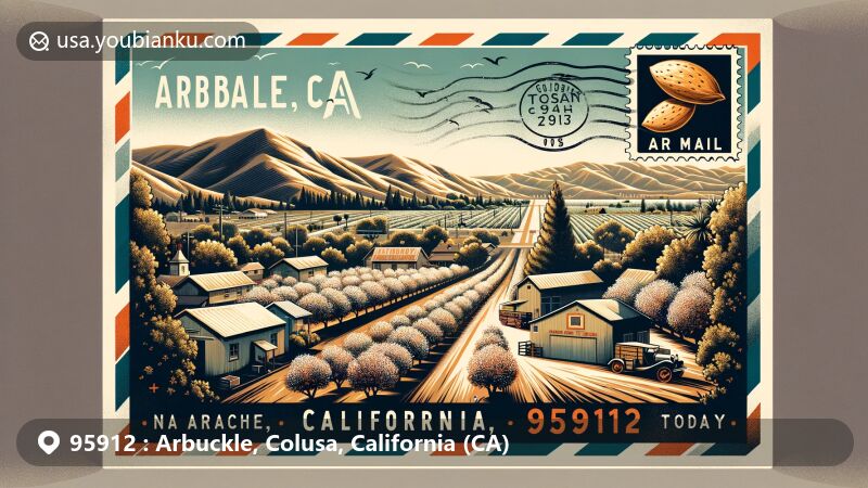 Modern illustration of Arbuckle, California, in Colusa County, highlighting almond farming, depicted on vintage air mail envelope with 'Arbuckle, CA 95912' and date, featuring California state flag.