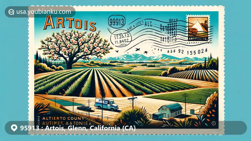 Vintage-style illustration of Artois, Glenn County, California, highlighting ZIP code 95913, featuring agricultural landscape, postal elements, and Northern California's Sacramento Valley scenery.