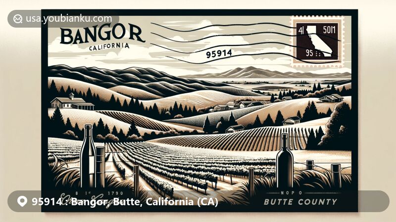 Modern artistic illustration of Bangor, Butte County, California, highlighting the tranquil natural beauty, 800-950 feet elevation range, vineyards, and wine industry symbols with ZIP code 95914 and Butte County outline.