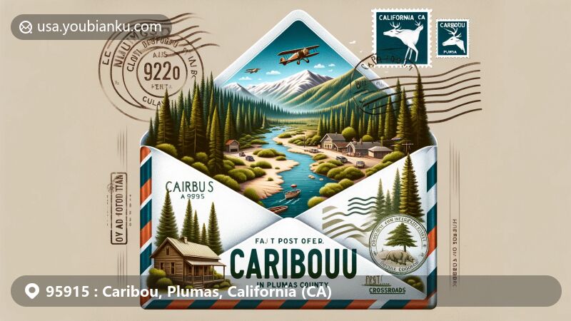 Modern illustration of Caribou, California, in Plumas County, featuring vintage airmail envelope with scenic elements like North Fork Feather River and Caribou Crossroads, capturing the community's history and natural beauty.