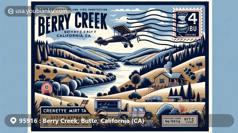 Modern illustration of Berry Creek, Butte County, California, featuring Madrone Lake's hilly terrain and Berry Festival, with a vintage air mail envelope showcasing ZIP code 95916 and a nod to the California Department of Forestry and Fire Protection fire station at Harts Mill.