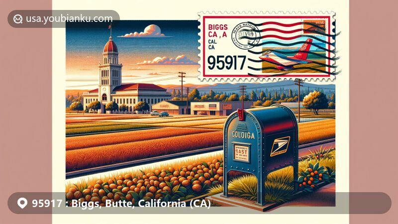 Modern illustration of Biggs, California, representing ZIP code 95917, featuring rice fields, walnut orchards, and the Colonia Building, with an iconic American postal envelope and California state flag stamp.