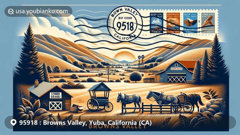 Modern illustration of Browns Valley, Yuba County, California, featuring ZIP code 95918, showcasing rural landscapes and local landmarks like Hammon Grove Park and Sycamore Ranch.