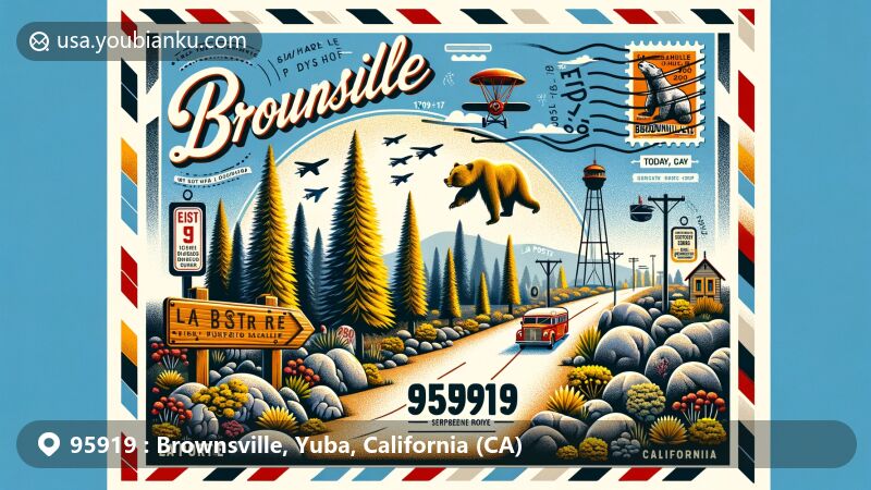 Modern illustration of Browns Valley, Yuba County, California, featuring iconic yellow pine forest and serpentine rock, along with a welcome sign on La Porte Road, encapsulating the natural vegetation and unique geological features of the area, embedded in a postal-themed framework showcasing vintage stamps representing California symbols and a postmark with ZIP code 95919 and today's date.