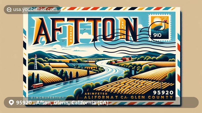 Modern illustration of Afton, Glenn County, California, inspired by postcard and air mail envelope designs, featuring Sacramento River, agricultural fields, Glenn County seal, 'Afton', and ZIP code '95920' to represent natural landscape, economy, local governance, and community identity.