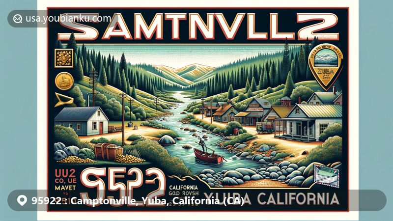 Modern illustration of Camptonville, Yuba County, California, showcasing postal theme with ZIP code 95922, featuring Tahoe National Forest, Gold Rush symbols, and North Yuba River.