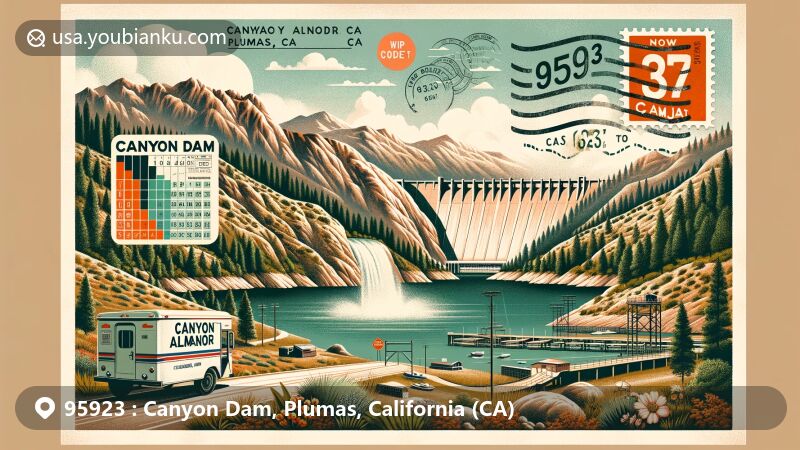Modern illustration of Canyon Dam, Plumas County, California, featuring ZIP code 95923 in a postcard-style design. Highlighting Lake Almanor, Canyon Dam, and Cascade mountains, with postal elements like a vintage airmail envelope and local demographics.