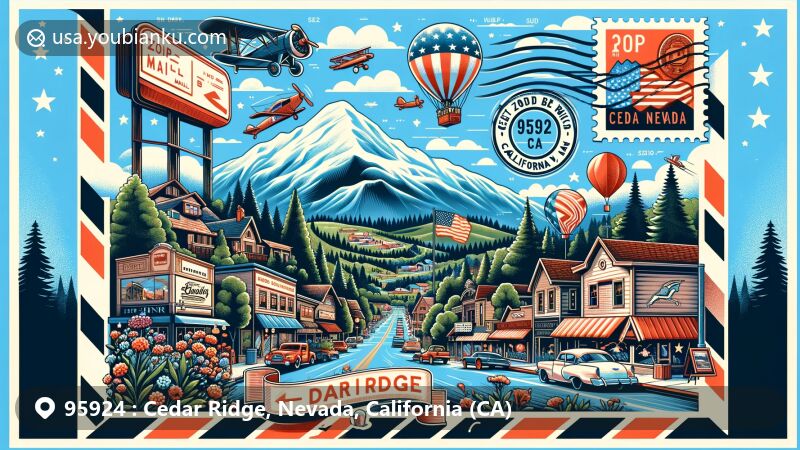 Modern illustration of Cedar Ridge, California, showcasing postal theme with ZIP code 95924, featuring Sierra Nevada Mountains and small-town charm.