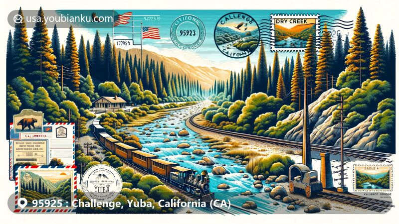Modern illustration showcasing the natural beauty and historical significance of Challenge, Yuba County, California, with Dry Creek, dense forests, and a symbol of logging history, featuring a postal stamp of the California state flag and ZIP code 95925.
