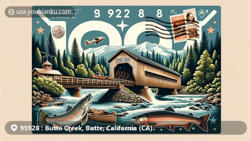 Modern illustration of Butte Creek, Butte, California, featuring the iconic Honey Run Covered Bridge and lush greenery symbolizing the area's natural beauty. Includes Chinook salmon representing conservation efforts and gold rush history elements like the 'Dogtown Nugget'. Incorporates postal theme with vintage air mail envelope, local landmark stamps, and ZIP code 95928.