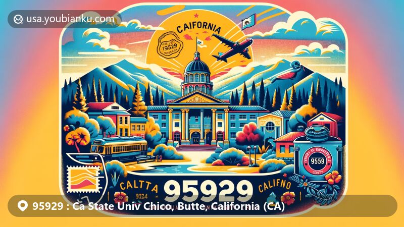 Modern illustration of California State University - Chico in Chico, Butte County, California, showcasing postal theme with ZIP code 95929, featuring California state symbols and Butte County's natural beauty.