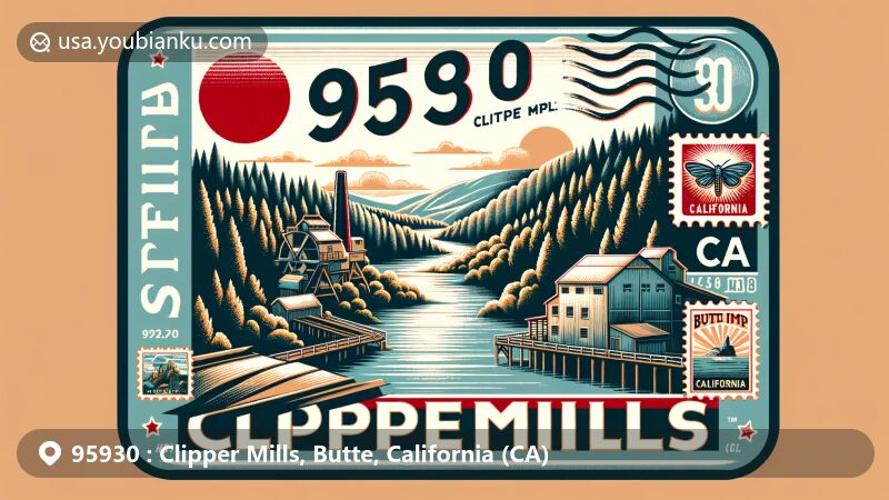 Modern illustration of Clipper Mills, Butte County, California, representing ZIP code 95930, showcasing scenic elevation and lush surroundings, with postal elements like vintage postcard layout and airmail envelope border.