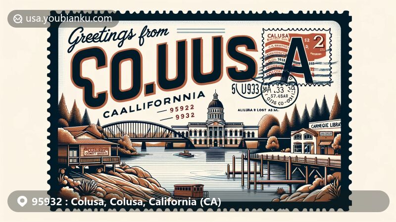 Modern illustration of Colusa, California, highlighting postal theme with vintage postcard featuring Sacramento River, Colusa County Courthouse, Colusa Carnegie Library, and California state flag.