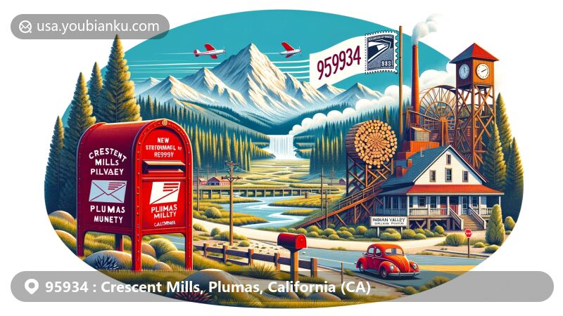 Modern illustration of Crescent Mills, Plumas County, California, combining geographical and postal themes, featuring Sierra Nevada mountains, the new sawmill, traditional postal elements, and Indian Valley Museum.